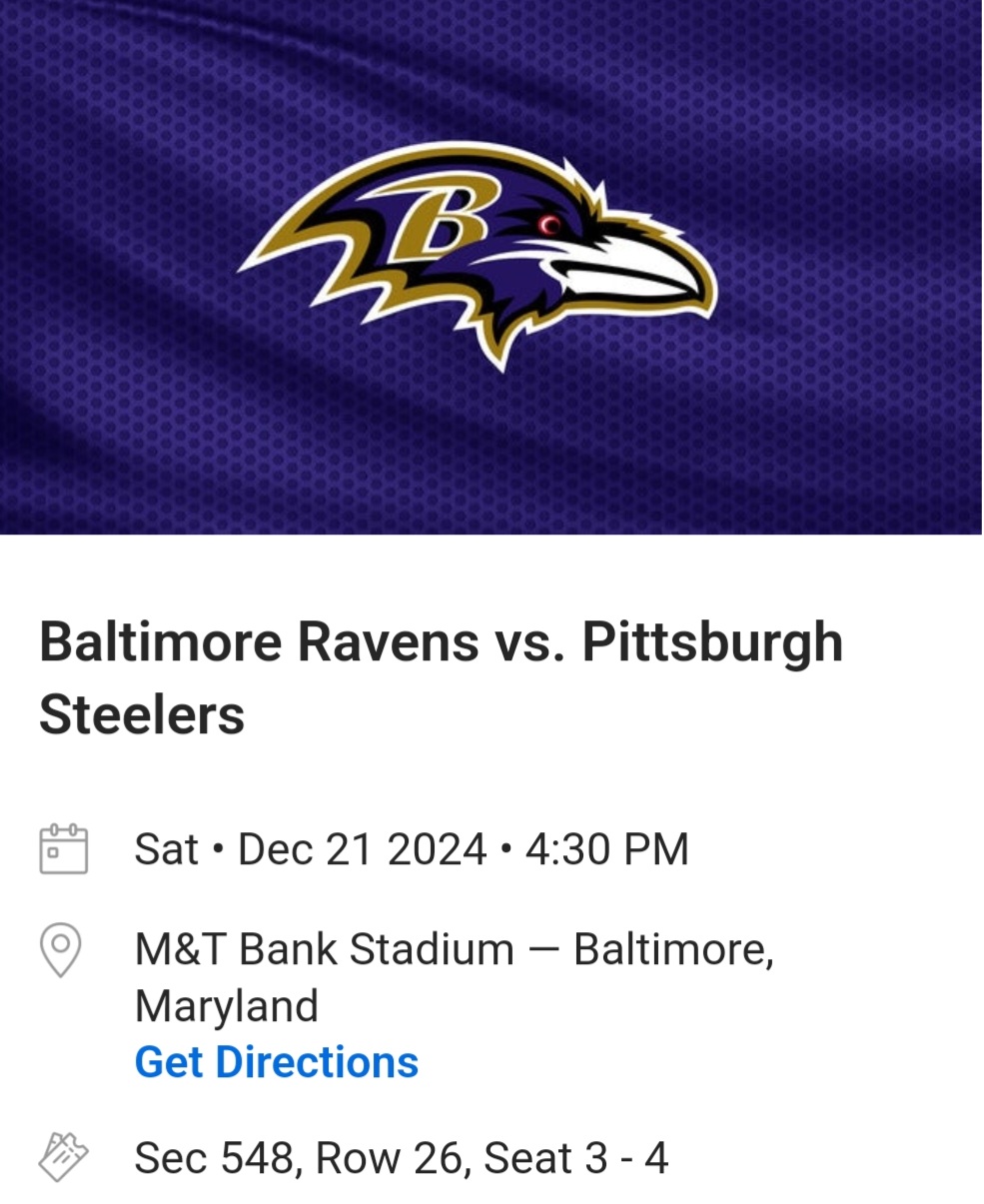 2 Tickets to Ravens vs. Steelers