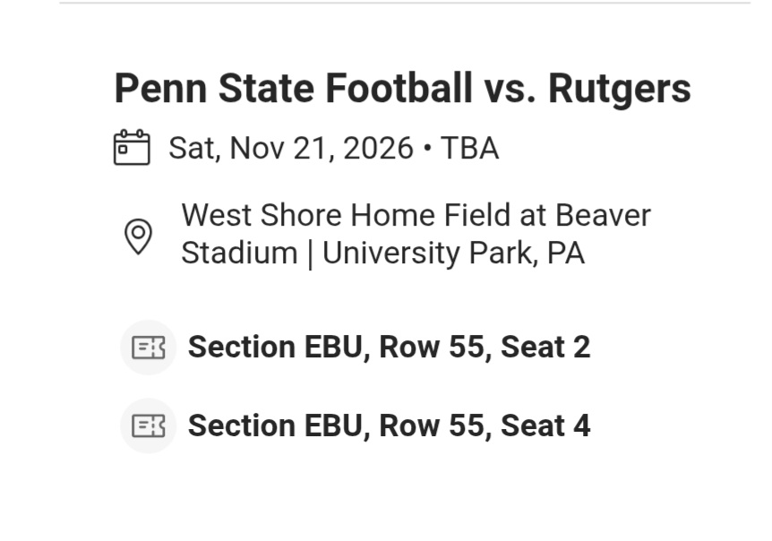 2 Penn State Football Tickets & Parking Pass